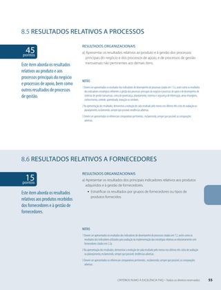 8.5 RESULTADOS RELATIVOS A PROCESSOS 
45 pontos 
8.6 RESULTADOS RELATIVOS A FORNECEDORES 
RESULTADOS ORgANIZACIONAIS 
a) Apresentar os resultados dos principais indicadores relativos aos produtos 
adquiridos e à gestão de fornecedores. 
ƒƒ Estratificar os resultados por grupos de fornecedores ou tipos de 
produtos fornecidos. 
NOTAS 
1 Devem ser apresentados os resultados dos indicadores de desempenho de processos citados em 7.2, assim como os 
resultados dos indicadores utilizados para avaliação da implementação das estratégias relativas ao relacionamento com 
fornecedores citados em 2.2a. 
2 Na apresentação dos resultados, demonstrar a evolução de cada resultado pelo menos nos últimos três ciclos de avaliação 
ou planejamento, esclarecendo, sempre que possível, tendências adversas. 
3 Devem ser apresentados os referenciais comparativos pertinentes, esclarecendo, sempre que possível, as comparações 
adversas. 
15 pontos 
Este item aborda os resultados 
relativos aos produtos recebidos 
dos fornecedores e à gestão de 
fornecedores. 
RESULTADOS ORgANIZACIONAIS 
a) Apresentar os resultados relativos ao produto e à gestão dos processos 
principais do negócio e dos processos de apoio, e de processos de gestão 
transversais não pertinentes aos demais itens. 
NOTAS 
1 Devem ser apresentados os resultados dos indicadores de desempenho de processos citados em 7.1a, assim como os resultados 
dos indicadores estratégicos referentes à gestão dos processos principais do negócio e processos de apoio e de desempenho de 
sistemas de gestão transversais, como de governança, planejamento, sistemas e segurança de informação, ativos intangíveis, 
conhecimento, controle, aprendizado, inovação ou similares. 
2 Na apresentação dos resultados, demonstrar a evolução de cada resultado pelo menos nos últimos três ciclos de avaliação ou 
planejamento, esclarecendo, sempre que possível, tendências adversas. 
3 Devem ser apresentados os referenciais comparativos pertinentes, esclarecendo, sempre que possível, as comparações 
adversas. 
Este item aborda os resultados 
relativos ao produto e aos 
processos principais do negócio 
e processos de apoio, bem como 
outros resultados de processos 
de gestão. 
CRITÉRIOS RUMO À EXCELÊNCIA FNQ – Todos os direitos reservados 55 
 
