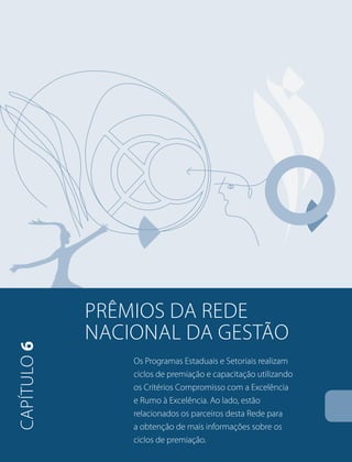 PRêMIOs da rede 
NACIONAL DA gestão 
capítulo 6 
Os Programas Estaduais e Setoriais realizam 
ciclos de premiação e capacitação utilizando 
os Critérios Compromisso com a Excelência 
e Rumo à Excelência. Ao lado, estão 
relacionados os parceiros desta Rede para 
a obtenção de mais informações sobre os 
ciclos de premiação. 
 