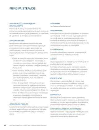 principais termos 
Aprendizado ou aprendizagem 
organizacional 
Processo de mudança da base de valores e dos 
conhecimentos da organização, levando a um incremento 
da habilidade na resolução de problemas e na capacidade 
de ação frente às demandas do meio ambiente. 
Ativos intangíveis 
Bens e direitos não palpáveis reconhecidos pelas 
partes interessadas como “patrimônio” da organização 
e considerados relevantes para determinar o seu 
valor. Exemplos: a marca, os sistemas e processos da 
organização. Os ativos intangíveis podem abranger, entre 
outros: 
ƒƒ Ativos de mercado: potencial que a empresa possui 
em decorrência dos intangíveis relacionados ao 
mercado, tais como: marca, clientes, lealdade dos 
clientes, negócios recorrentes, canais de distribuição, 
franquias etc. 
ƒƒ Ativos humanos: benefícios que o indivíduo pode 
proporcionar às organizações por meio de sua 
expertise, criatividade, conhecimento, habilidade 
para resolver problemas, tudo visto de forma 
coletiva e dinâmica. 
ƒƒ Ativos de propriedade intelectual: aqueles que 
necessitam de proteção legal para proporcionar 
benefícios às organizações, tais como: know-how, 
segredos industriais, copyright, patentes, design etc. 
ƒƒ Ativos de infra-estrutura: tecnologias, metodologias 
e processos empregados, como sistema de 
informação, métodos gerenciais, bancos de dados 
etc. 
Atributos do produto 
Características importantes do produto que, na percepção 
do cliente, podem influir em sua preferência. Exemplos: 
funcionalidade, disponibilidade, preço e valor para o 
cliente. 
Benchmark 
Ver “Referencial de excelência”. 
Benchmarking 
Investigação de características de produtos ou processos 
com finalidade similar em outras organizações, dentro 
ou fora do setor de atuação da organização, com a 
finalidade de identificar oportunidades de melhoria. O 
nível de desempenho de produtos e processos é uma das 
características que podem ser investigadas. 
Classe Mundial 
Expressão utilizada para caracterizar uma organização 
considerada entre as melhores do mundo. 
Cliente 
Organização, pessoa ou entidade que se beneficia de um 
produto, objeto da organização. 
Exemplos: consumidor, usuário, comprador, varejista, 
distribuidor ou representante (quando utiliza o produto 
da organização como insumo), beneficiário, sociedade 
(quando recebe produtos da organização) e outros. 
Clientes-alvo 
Clientes atuais e potenciais, foco de interesse para 
o fornecimento de serviços ou produtos, podendo 
incluir os clientes da concorrência, ex-clientes e usuários 
de soluções alternativas aos serviços ou produtos da 
organização. 
Competência 
Mobilização de conhecimentos (saber), habilidades 
(fazer) e atitudes (querer) necessários ao desempenho de 
atividades ou funções, segundo padrões de qualidade e 
produtividade requeridos pela natureza do trabalho. 
Confidencialidade das informações 
Aspecto relacionado à segurança das informações sobre 
as garantias necessárias para que somente pessoas 
autorizadas tenham acesso à informação. 
72 CRITÉRIOS RUMO À EXCELÊNCIA FNQ – Todos os direitos reservados 
 