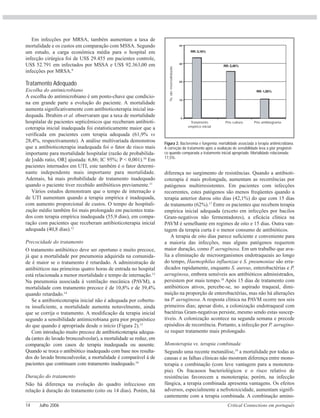 Critical Connections em português14 Julho 2006
Em infecções por MRSA, também aumentam a taxa de
mortalidade e os custos em comparação com MSSA. Segundo
um estudo, a carga econômica média para o hospital em
infecção cirúrgica foi de US$ 29.455 em pacientes controle,
US$ 52.791 em infectados por MSSA e US$ 92.363,00 em
infecções por MRSA.9
Tratamento Adequado
Escolha do antimicrobiano
A escolha do antimicrobiano é um ponto-chave que condicio-
na em grande parte a evolução do paciente. A mortalidade
aumenta significativamente com antibioticoterapia inicial ina-
dequada. Ibrahim et al. observaram que a taxa de mortalidade
hospitalar de pacientes septicêmicos que receberam antibioti-
coterapia inicial inadequada foi estatisticamente maior que a
verificada em pacientes com terapia adequada (61,9% vs
28,4%, respectivamente). A análise multivariada demonstrou
que a antibioticoterapia inadequada foi o fator de risco mais
importante para mortalidade hospitalar (razão de probabilida-
de [odds ratio, OR] ajustada: 6,86; IC 95%; P < 0,001).10
Em
pacientes internados em UTI, este também é o fator determi-
nante independente mais importante para mortalidade.
Ademais, há mais probabilidade de tratamento inadequado
quando o paciente tiver recebido antibióticos previamente.11
Vários estudos demonstram que o tempo de internação e
de UTI aumentam quando a terapia empírica é inadequada,
com aumento proporcional de custos. O tempo de hospitali-
zação médio também foi mais prolongado em pacientes trata-
dos com terapia empírica inadequada (55,9 dias), em compa-
ração com pacientes que receberam antibioticoterapia inicial
adequada (40,8 dias).12
Precocidade do tratamento
O tratamento antibiótico deve ser oportuno e muito precoce,
já que a mortalidade por pneumonia adquirida na comunida-
de é maior se o tratamento é retardado. A administração de
antibióticos nas primeiras quatro horas de entrada no hospital
está relacionada a menor mortalidade e tempo de internação.13
Na pneumonia associada à ventilação mecânica (PAVM), a
mortalidade com tratamento precoce é de 10,8% e de 39,4%
quando retardado.14
Se a antibioticoterapia inicial não é adequada por cobertu-
ra insuficiente, a mortalidade aumenta notavelmente, ainda
que se corrija o tratamento. A modificação da terapia inicial
segundo a sensibilidade antimicrobiana gera pior prognóstico
do que quando é apropriada desde o início (Figura 2).15
Com introdução muito precoce de antibioticoterapia adequa-
da (antes do lavado broncoalveolar), a mortalidade se reduz, em
comparação com casos de terapia inadequada ou ausente.
Quando se troca o antibiótico inadequado com base nos resulta-
dos do lavado broncoalveolar, a mortalidade é comparável à de
pacientes que continuam com tratamento inadequado.16
Duração do tratamento
Não há diferença na evolução do quadro infeccioso em
relação à duração do tratamento (oito ou 14 dias). Porém, há
diferença no surgimento de resistências. Quando a antibioti-
coterapia é mais prolongada, aumentam as recorrências por
patógenos multirresistentes. Em pacientes com infecções
recorrentes, estes patógenos são menos freqüentes quando a
terapia anterior durou oito dias (42,1%) do que com 15 dias
de tratamento (62%).17
Entre os pacientes que recebem terapia
empírica inicial adequada (exceto em infecções por bacilos
Gram-negativos não fermentadores), a eficácia clínica na
PAVM é semelhante em regimes de oito e 15 dias. Outra van-
tagem da terapia curta é o menor consumo de antibióticos.
A terapia de oito dias parece suficiente e conveniente para
a maioria das infecções, mas alguns patógenos requerem
maior duração, como P. aeruginosa. Em um trabalho que ava-
lia a eliminação de microorganismos endotraqueais ao longo
do tempo, Haemophilus influenzae e S. pneumoniae são erra-
dicados rapidamente, enquanto S. aureus, enterobactérias e P.
aeruginosa, embora sensíveis aos antibióticos administrados,
persistem por mais tempo.18
Após 15 dias de tratamento com
antibióticos ativos, percebe-se, no aspirado traqueal, dimi-
nuição na proporção de enterobactérias, mas não há alterações
na P. aeruginosa. A resposta clínica na PAVM ocorre nos seis
primeiros dias; apesar disto, a colonização endotraqueal com
bactérias Gram-negativas persiste, mesmo sendo estas suscep-
tíveis. A colonização acontece na segunda semana e precede
episódios de recorrência. Portanto, a infecção por P. aerugino-
sa requer tratamento mais prolongado.
Monoterapia vs. terapia combinada
Segundo uma recente metanálise,19
a mortalidade por todas as
causas e as falhas clínicas não mostram diferença entre mono-
terapia e combinação (com leve vantagem para a monotera-
pia). Os fracassos bacteriológicos e o risco relativo de
resistências favorecem a monoterapia; porém, na infecção
fúngica, a terapia combinada apresenta vantagens. Os efeitos
adversos, especialmente a nefrotoxicidade, aumentam signifi-
cantemente com a terapia combinada. A combinação amino-
0
10
20
30
40
RR: 3,18%
RR: 2,46%
RR: 1,00%
Figura 2. Bacteremia e fungemia: mortalidade associada à terapia antimicrobiana.
A correção do tratamento após a avaliação de sensibilidade leva a pior prognósti-
co quando comparada a tratamento inicial apropriado. Mortalidade relacionada:
17,5%.
Tratamento
empírico inicial
%demortalidade
Pós cultura Pós antibiograma
 