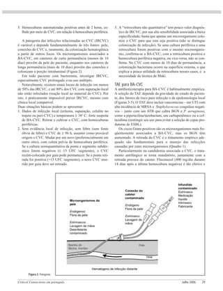 Critical Connections em português Julho 2006 29
5. Hemoculturas automatizadas positivas antes de 2 horas, co-
lhido por meio de CVC, em relação à hemocultura periférica.
A patogenia das infecções relacionadas ao CVC (IRCVC)
é variável e depende fundamentalmente de três fontes: pele,
conexões do CVC e, raramente, da colonização hematogênica
a partir de outros focos. Os microorganismos associados a
BA-CVC, em cateteres de curta permanência (menos de 10
dias) provêm da pele do paciente, enquanto nos cateteres de
longa permanência (mais de 10 dias) provêm das conexões e
colonizam a porção intraluminal (Figura 2).
Em todo paciente com bacteremia, investigar IRCVC,
especialmente CVC prolongado e/ou uso múltiplo.
Notavelmente, existem sinais locais de infecção em menos
de 50% das IRCVC, e até 80% dos CVC com supuração local
não estão infectados (reação local ao material do CVC). Por
isto, é praticamente impossível prever IRCVC, mesmo com
clínica local compatível.
Duas situações básicas podem se apresentar:
1. Dados de infecção local (eritema, supuração, celulite no
trajeto ou peri-CVC) e temperatura ≥ 38o
C: forte suspeita
de BA-CVC. Retirar e cultivar o CVC, com hemoculturas
periféricas.
2. Sem evidência local de infecção, sem febre (sem fonte
óbvia de febre) e CVC de ≥ 96 h, assumir como provável
origem o CVC. Mudar por um novo (preferencialmente em
outro sítio), com coleta prévia de hemocultura periférica.
Se a cultura semiquantitativa da ponta e segmento subdér-
mico forem negativos (≤ 15 UFC /segmento), o CVC
recém-colocado por guia pode permanecer. Se a ponta reti-
rada for positiva (>15 UFC /segmento), o novo CVC inse-
rido por guia deve ser retirado.
3. A “retrocultura não quantitativa” tem pouco valor diagnós-
tico de IRCVC, por sua alta sensibilidade associada a baixa
especificidade; basta que apenas um microorganismo colo-
nize o CVC para que esta seja positiva (não se distingue
colonização de infecção). Se uma cultura periférica e uma
retrocultura forem positivas com o mesmo microorganis-
mo, confirma-se a BA-CVC; com a retrocultura positiva e
hemocultura periférica negativa, ou vice-versa, não se con-
firma. No CVC com menos de 10 dias de permanência, a
colonização bacteriana ocorre na superfície externa, o que
explica a pouca utilidade da retrocultura nesses casos, e a
necessidade da técnica de Maki.
TAE para BA-CVC
A antibioticoterapia para BA-CVC é habitualmente empírica.
A seleção do TAE depende da gravidade do estado do pacien-
te, dos fatores de risco para infecção e da epidemiologia local
(Figuras 3-5). O TAE deve incluir vancomicina – em UTI com
alta incidência de MRSA e Staphylococcus coagulase negati-
vos – junto com um ATB que cubra BGN e P. aeruginosa,
como a piperacilina/tazobactam, um carbapenêmico ou a cef-
tazidima (restringir seu uso para evitar a seleção de cepas pro-
dutoras de ESBL).
Os cocos Gram-positivos são os microorganismos mais fre-
qüentemente associados a BA-CVC, mas os BGN têm
aumentado. A retirada do CVC e o tratamento empírico ade-
quado são fundamentais para o manejo das infecções
causadas por estes microorganismos (Quadro 1).
Particularmente na candidemia associada a CVC, o trata-
mento antifúngico se torna mandatório, juntamente com a
retirada precoce do cateter. Fluconazol (400 mg/dia durante
14 dias após a última hemocultura negativa) é tão efetivo e
Figura 2. Patogenia.
Bainha de
fibrina, trombo
Pele
 