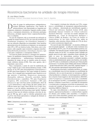 Critical Connections em português6 Julho 2006
Resistência bacteriana na unidade de terapia intensiva
Dr. José María Casellas
Microbiólogo. Professor, Universidade Nacional de Rosário, Santa Fé, Argentina.
D
entro do grupo de antibacterianos carbapenêmicos,
existem diferenças significativas. Esta família de
antimicrobianos está representada na Argentina por
ertapenem, imipenem e meropenem. Segundo estudos compa-
rativos, o meropenem demonstrou, em diferentes patologias
infecciosas, atividade superior frente à piperacilina/tazobac-
tam e à cefepima.
No caso do ertapenem, não se recomenda sua utilização na
unidade de terapia intensiva (UTI), por causa da resistência da
Pseudomonas aeruginosa e da Acinetobacter baumannii, e
sim nas infecções adquiridas na comunidade. Estas bactérias
apresentam taxas de resistência ao imipenem e ao meropenem
entre 20% e 40% na América Latina. Além disso, com o erta-
penem estão surgindo cepas resistentes a algumas enterobac-
térias (Klebsiella pneumoniae e Enterobacter cloacae), o que
é raro para o imipenem e o meropenem (Tabela 1).
Um tema de grande relevância é a dosagem dos antimicro-
bianos. Os parâmetros farmacocinéticos e farmacodinâmicos
dos carbapenêmicos – antibacterianos betalactâmicos –
dependem do tempo em que se mantêm acima da concen-
tração inibitória mínima (CIM). Para estes agentes, não é
importante o pico sérico.
Para o meropenem, o ponto de corte foi estabelecido em
4 mg/l. Supõe-se que a meta farmacodinâmica (tempo >CIM)
deveria ser de 50% para microorganismos Gram-positivos e
de 80% para Gram-negativos. Nas cepas isoladas na América
Latina, isto é atingido pelo meropenem para Staphylococcus
spp sensíveis à meticilina, Streptococcus pneumoniae,
Haemophilus influenzae, Moraxella catarrhalis, família
Enterobacteriaceae e anaeróbios; 70% para Pseudomonas
aeruginosa, 60% Acinetobacter baumannii e 60% para
Enterococcus spp. Com base nestas considerações, doses de
1 g IV (intravenoso) a cada 8 horas são úteis sempre que a
CIM for menor que 4 mg/l. Para CIM de 8 ou 16 mg/l, reco-
menda-se o uso de infusões intermitentes de 2 g a cada 8
horas, com duração de três horas (dose total: 6g/dia). Também
é possível fazer uso de infusões contínuas, com dose de ata-
que de 500 mg, após a qual se introduz gotejamento para
6 g/24 h. Esta forma apresentaria a vantagem de diminuir os
custos de enfermagem.
Com respeito à etiologia das infecções em UTIs, compa-
rou-se a sensibilidade ao meropenem, piperacilina/tazobac-
tam e cefepima – determinada por microdiluição segundo o
Clinical and Laboratory Standards Institute (CLSI, antes
denominado National Committee for Clinical Laboratory
Standards [NCCLS]) – com base em estudos efetuados nos
laboratórios do Centro de Investigaciones Biológicas y
Clínicas (CIBIC) de Rosário e do Centro de Estudios en
Antimicrobianos de San Isidro, Buenos Aires, ambos na
Argentina, sobre amostras clínicas obtidas de UTIs de diver-
sos centros assistenciais daquele país.
Em casos de sepse intra-abdominal – em amostras colhidas por
meio de punção-aspiração – as infecções mistas mostraram taxa
de prevalência de 87%, com 13% de hemoculturas positivas con-
comitantes. Nas infecções de pele e tecidos moles, a proporção de
infecções mistas foi de 66%. As amostras foram coletadas por
punção através de pele sadia e anaeróbios foram cultivados em
todos os casos. As hemoculturas positivas foram 5%.
Diversamente, na pneumonia associada à ventilação mecânica,
isolou-se predominantemente apenas uma bactéria, com incidên-
cia de 95% (não se consideraram as infecções por Chlamydophila
pneumoniae). As amostras foram obtidas pelas técnicas habituais
– lavado broncoalveolar (LBA), mini-LBA, aspirado traqueal – e
26% dos pacientes apresentaram hemoculturas positivas.
Na pneumonia associada à ventilação mecânica, ao compa-
rar a sensibilidade (taxa de êxito baseado na sensibilidade do
isolamento, não na cura do paciente) ao meropenem, pipera-
cilina/tazobactam e cefepima, os microorganismos conflitivos
são os bacilos Gram-negativos não fermentadores (BGNNF),
como P. aeruginosa e A. baumannii. Neste caso, a sensibilida-
de ao meropenem é de 80%; a sensibilidade a piperacina/tazo-
bactam e cefepima é muito baixa. A atividade do meropenem
é excelente para os patógenos envolvidos na pneumonia, com
exceção dos isolados de Staphylococcus aureus resistentes à
meticilina (MRSA) (Tabela 2).
Na sepse intra-abdominal, a atividade do meropenem é
superior; piperacina/tazobactam é o antimicrobiano seguinte
em eficácia, pois também cobre anaeróbios. A cefepima é
pouco ativa contra anaeróbios, portanto não se recomenda sua
utilização como monoterapia (Tabela 3).
Tabela 1. Carbapenêmicos comercializados na Argentina
Ertapenem NÃO SIM (FDA) Aparecendo SIM SIM
NÃO (ANMAT)
Meropenem SIM SIM Muito raro P. aeruginosa ~20% E. faecium
Acinetobacter ~30%
FDA: Food and Drug Administration (E.U.A.)
ANMAT: Administração Nacional de Medicamentos, Alimentos e Tecnologia Médica (Argentina)
Antibacterianos Indicado em UTI Indicado ou aprovado
em pediatria
Resistência em
Enterobactérias P. aeruginosa Enterococos
Acinetobacter
 