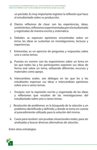 EVALUACIÓN DE LOS APRENDIZAJES DE LASY LOS ESTUDIANTES EN EL NIVEL PRIMARIO.
GRADOS DE PRIMERO A SEXTO. | Para validación durante el año escolar 2015-2016.
6
un período. Es muy importante registrar la reflexión que hace
el estudiantado sobre su producción.
d.	 Diarios reflexivos de clase: son las experiencias, ideas,
sentimientos,reflexionesexperimentadasporelestudiantado
y registradas de manera escrita y sistemática.
e.	 Debates: se expresan opiniones encontradas sobre un
tema; las ideas se sustentan en investigaciones, lecturas y
experiencias.
f.	 Entrevistas: es un ejercicio de preguntas y respuestas sobre
uno o varios temas.
g.	 Puestas en común: son las exposiciones sobre un tema en
las que todos las y los participantes exponen sus ideas de
forma oral sobre un tema, utilizando diferentes recursos y
materiales como apoyo.
h.	 Intercambios orales: son diálogos en los que las y los
estudiantes expresan sus ideas e intercambian opiniones
sobre uno o varios temas.
i.	 Ensayos: son la expresión escrita y organizada de las ideas
y reflexiones que resultan de las investigaciones del
estudiantado sobre uno o varios temas.
j.	 Resolución de problemas: es la búsqueda de la solución a un
problema identificado y definido, y donde se toma en cuenta
el procedimiento utilizado para la solución del mismo.
k.	 Casos para resolver: son pruebas situacionales reales, para ser
analizadas y buscar diversas alternativas de solución.
Entre otras estrategias.
 