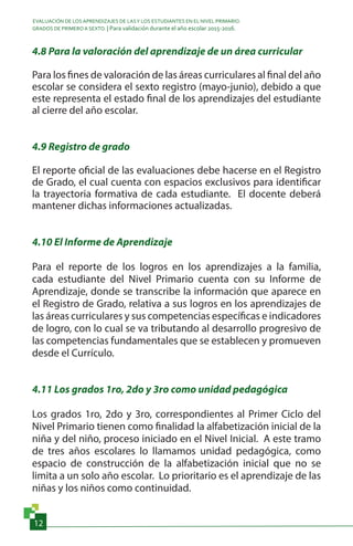 EVALUACIÓN DE LOS APRENDIZAJES DE LASY LOS ESTUDIANTES EN EL NIVEL PRIMARIO.
GRADOS DE PRIMERO A SEXTO. | Para validación durante el año escolar 2015-2016.
12
4.8 Para la valoración del aprendizaje de un área curricular
Para los fines de valoración de las áreas curriculares al final del año
escolar se considera el sexto registro (mayo-junio), debido a que
este representa el estado final de los aprendizajes del estudiante
al cierre del año escolar.
4.9 Registro de grado
El reporte oficial de las evaluaciones debe hacerse en el Registro
de Grado, el cual cuenta con espacios exclusivos para identificar
la trayectoria formativa de cada estudiante. El docente deberá
mantener dichas informaciones actualizadas.
4.10 El Informe de Aprendizaje
Para el reporte de los logros en los aprendizajes a la familia,
cada estudiante del Nivel Primario cuenta con su Informe de
Aprendizaje, donde se transcribe la información que aparece en
el Registro de Grado, relativa a sus logros en los aprendizajes de
las áreas curriculares y sus competencias específicas e indicadores
de logro, con lo cual se va tributando al desarrollo progresivo de
las competencias fundamentales que se establecen y promueven
desde el Currículo.
4.11 Los grados 1ro, 2do y 3ro como unidad pedagógica
Los grados 1ro, 2do y 3ro, correspondientes al Primer Ciclo del
Nivel Primario tienen como finalidad la alfabetización inicial de la
niña y del niño, proceso iniciado en el Nivel Inicial. A este tramo
de tres años escolares lo llamamos unidad pedagógica, como
espacio de construcción de la alfabetización inicial que no se
limita a un solo año escolar. Lo prioritario es el aprendizaje de las
niñas y los niños como continuidad.
 
