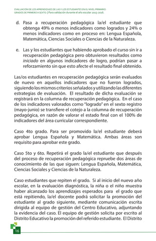EVALUACIÓN DE LOS APRENDIZAJES DE LASY LOS ESTUDIANTES EN EL NIVEL PRIMARIO.
GRADOS DE PRIMERO A SEXTO. | Para validación durante el año escolar 2015-2016.
16
d.	 Pasa a recuperación pedagógica la/el estudiante que
obtenga 49% o menos indicadores como logrados y 24% o
menos indicadores como en proceso en: Lengua Española,
Matemática, Ciencias Sociales o Ciencias de la Naturaleza.
e.	 Las y los estudiantes que habiendo aprobado el curso sin ir a
recuperación pedagógica pero obtuvieron resultados como
iniciado en algunos indicadores de logro, podrían pasar a
reforzamiento sin que esto afecte el resultado final obtenido.
Las/os estudiantes en recuperación pedagógica serán evaluados
de nuevo en aquellos indicadores que no fueron logrados,
siguiendolosmismoscriteriosseñaladosyutilizandolasdiferentes
estrategias de evaluación. El resultado de dicha evaluación se
registrará en la columna de recuperación pedagógica. En el caso
de los indicadores valorados como “logrado” en el sexto registro
(mayo-junio) se transfiere el cotejo a la columna de recuperación
pedagógica, en razón de valorar el estado final con el 100% de
indicadores del área curricular correspondiente.
Caso 4to grado. Para ser promovido la/el estudiante deberá
aprobar Lengua Española y Matemática. Ambas áreas son
requisito para aprobar este grado.
Caso 5to y 6to. Repetirá el grado la/el estudiante que después
del proceso de recuperación pedagógica repruebe dos áreas de
conocimiento de las que siguen: Lengua Española, Matemática,
Ciencias Sociales y Ciencias de la Naturaleza.
Caso estudiantes que repiten el grado. Si al inicio del nuevo año
escolar, en la evaluación diagnóstica, la niña o el niño muestra
haber alcanzado los aprendizajes esperados para el grado que
está repitiendo, la/el docente podrá solicitar la promoción del
estudiante al grado siguiente, mediante comunicación escrita
dirigida al equipo de gestión del Centro Educativo, adjuntando
la evidencia del caso. El equipo de gestión solicita por escrito al
Distrito Educativo la promoción del referido estudiante. El Distrito
 