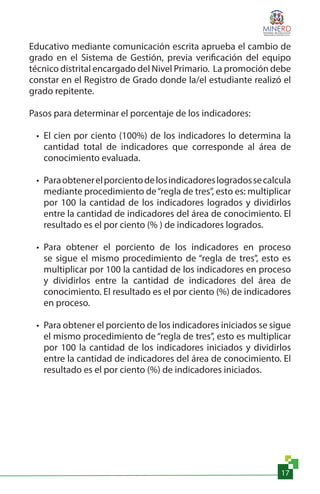 17
Educativo mediante comunicación escrita aprueba el cambio de
grado en el Sistema de Gestión, previa verificación del equipo
técnico distrital encargado del Nivel Primario. La promoción debe
constar en el Registro de Grado donde la/el estudiante realizó el
grado repitente.
Pasos para determinar el porcentaje de los indicadores:
•	 El cien por ciento (100%) de los indicadores lo determina la
cantidad total de indicadores que corresponde al área de
conocimiento evaluada.
•	 Paraobtenerelporcientodelosindicadoreslogradossecalcula
mediante procedimiento de“regla de tres”, esto es: multiplicar
por 100 la cantidad de los indicadores logrados y dividirlos
entre la cantidad de indicadores del área de conocimiento. El
resultado es el por ciento (% ) de indicadores logrados.
•	 Para obtener el porciento de los indicadores en proceso
se sigue el mismo procedimiento de “regla de tres”, esto es
multiplicar por 100 la cantidad de los indicadores en proceso
y dividirlos entre la cantidad de indicadores del área de
conocimiento. El resultado es el por ciento (%) de indicadores
en proceso.
•	 Para obtener el porciento de los indicadores iniciados se sigue
el mismo procedimiento de “regla de tres”, esto es multiplicar
por 100 la cantidad de los indicadores iniciados y dividirlos
entre la cantidad de indicadores del área de conocimiento. El
resultado es el por ciento (%) de indicadores iniciados.
 