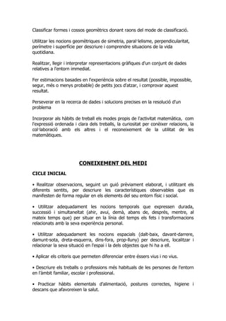 Classificar formes i cossos geomètrics donant raons del mode de classificació.

Utilitzar les nocions geomètriques de simetria, paral·lelisme, perpendicularitat,
perímetre i superfície per descriure i comprendre situacions de la vida
quotidiana.

Realitzar, llegir i interpretar representacions gràfiques d'un conjunt de dades
relatives a l'entorn immediat.

Fer estimacions basades en l'experiència sobre el resultat (possible, impossible,
segur, més o menys probable) de petits jocs d'atzar, i comprovar aquest
resultat.

Perseverar en la recerca de dades i solucions precises en la resolució d'un
problema

Incorporar als hàbits de treball els modes propis de l'activitat matemàtica, com
l'expressió ordenada i clara dels treballs, la curiositat per conèixer relacions, la
col·laboració amb els altres i el reconeixement de la utilitat de les
matemàtiques.




                        CONEIXEMENT DEL MEDI
CICLE INICIAL

• Realitzar observacions, seguint un guió prèviament elaborat, i utilitzant els
diferents sentits, per descriure les característiques observables que es
manifesten de forma regular en els elements del seu entorn físic i social.

• Utilitzar adequadament les nocions temporals que expressen durada,
successió i simultaneïtat (ahir, avui, demà, abans de, després, mentre, al
mateix temps que) per situar en la línia del temps els fets i transformacions
relacionats amb la seva experiència personal.

• Utilitzar adequadament les nocions espacials (dalt-baix, davant-darrere,
damunt-sota, dreta-esquerra, dins-fora, prop-lluny) per descriure, localitzar i
relacionar la seva situació en l'espai i la dels objectes que hi ha a ell.

• Aplicar els criteris que permeten diferenciar entre éssers vius i no vius.

• Descriure els treballs o professions més habituals de les persones de l'entorn
en l'àmbit familiar, escolar i professional.

• Practicar hàbits elementals d'alimentació, postures correctes, higiene i
descans que afavoreixen la salut.
 