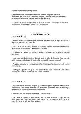 direcció i sentit dels desplaçaments.

d Identificar com accions saludables les normes d’higiene personal
associades a la realització d’activitats físiques , prendre consciència del risc
de les mateixes i de les pròpies possibilitats personals.

• Gaudir de l’activitat física i utilitzar-la com a manera de l’ocupació del propi
temps lliure amb funcions catàrtiques i hedònistes




                             EDUCACIÓ FÍSICA.
CICLE MITJÀ (3r)

- Utilitzar les nocions topològiques bàsiques per orientar-se a l’espai en relació a
la posició de persones i objectes.

- Participar en les activitats físiques ajustant i acceptant la pròpia actuació a les
possibilitats i limitacions corporals i de moviment.

- Desplaçar-se i saltar de diverses maneres mitjançant un moviment corporal
coordinat.

- Incorporar conductes actives d’acord amb el valor de l’exercici físic per a la
salut, mostrant interès per la cura del propi cos i la higiene personal

- Proposar estructures rítmiques senzilles i reproduir-les corporalment o amb
instruments.

- Participar i gaudir dels jocs i les activitats físiques     mostrant una actitud
d’acceptació vers els companys i les seves dificultats.




CICLE MITJÀ (4t.)

- Participar en les activitats físiques ajustant i acceptant la pròpia actuació a les
possibilitats i limitacions corporals i de moviment, cooperant amb el company o
oposant-se al rival quan la situació ho demani.

- Desplaçar-se, saltar i llençar objectes coordinadament.

- Incorporar conductes actives d’acord amb el valor de l’exercici físic per a la
salut, mostrant interès per la cura del propi cos i prenent consciència de la
importància de la pràctica física habitual.
 