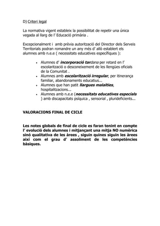 D) Criteri legal

La normativa vigent estableix la possibilitat de repetir una única
vegada al llarg de l’ Educació primària .

Excepcionalment i amb prèvia autorització del Director dels Serveis
Territorials podran romandre un any més d’ allò establert els
alumnes amb n.e.e ( necessitats educatives específiques ):

        •   Alumnes d’ incorporació tardana per retard en l’
            escolarització o desconeixement de les llengües oficials
            de la Comunitat .
        •   Alumnes amb escolarització irregular, per itinerança
            familiar, abandonaments educatius...
        •   Alumnes que han patit llargues malalties,
            hospitalitzacions...
        •   Alumnes amb n.e.e (necessitats educatives especials
            ) amb discapacitats psíquica , sensorial , plurideficients...


VALORACIONS FINAL DE CICLE


Les notes globals de final de cicle es faran tenint en compte
l’ evolució dels alumnes i mitjançant una mitja NO numèrica
sinó qualitativa de les àrees , siguin quines siguin les àrees
així com el grau d’ assoliment de les competències
bàsiques.
 