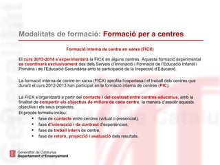 Modalitats de formació: Formació per a centres
Formació interna de centre en xarxa (FICX)
El curs 2013-2014 s’experimentarà la FICX en alguns centres. Aquesta formació experimental
es coordinarà exclusivament des dels Serveis d’Innovació i Formació de l’Educació Infantil i
Primària i de l’Educació Secundària amb la participació de la Inspecció d’Educació.
La formació interna de centre en xarxa (FICX) aprofita l’expertesa i el treball dels centres que
durant el curs 2012-2013 han participat en la formació interna de centres (FIC).
La FICX s’organitzarà a partir del contacte i del contrast entre centres educatius, amb la
finalitat de compartir els objectius de millora de cada centre, la manera d’assolir aquests
objectius i els seus projectes.
El procés formatiu inclou:
 fase de contacte entre centres (virtual o presencial),
 fase d’interacció i de contrast d’experiències,
 fase de treball intern de centre,
 fase de retorn, projecció i avaluació dels resultats.
 