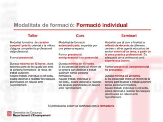Modalitats de formació: Formació individual
Taller Curs Seminari
Modalitat formativa de caràcter
concret i pràctic orientat a la millora
d’alguna competència professional
del professorat.
Format presencial.
Durada màxima de 12 hores, dues
terceres parts de les quals són amb
la persona formadora i la resta, de
treball autònom.
Aquest treball, individual o col·lectiu,
estarà destinat a realitzar les tasques
planificades en relació amb
l’aprofitament.
Modalitat de formació
estandarditzada, impartida per
una persona experta.
Format presencial,
semipresencial i no presencial.
Durada mínima de 15 hores.
Si és presencial tindrà un mínim de
la tercera part destinat a treball
autònom sense persona
formadora.
Aquest treball, individual o
col·lectiu, estarà destinat a realitzar
les tasques planificades en relació
amb l’aprofitament.
Modalitat que té com a finalitat la
reflexió de docents de diferents
centres o altres agents educatius del
territori entorn d’un tema, a partir de
la seva pràctica professional. És
adequada per a professorat amb
experiència docent.
Format presencial, semipresencial i
no presencial.
Durada mínima de 20 hores.
Si és presencial tindrà un mínim de la
tercera part destinat a treball autònom
sense persona formadora.
Aquest treball, individual o col·lectiu,
estarà destinat a realitzar les tasques
planificades en relació amb
l’aprofitament.
El professional expert se certificarà com a formador/a.
 