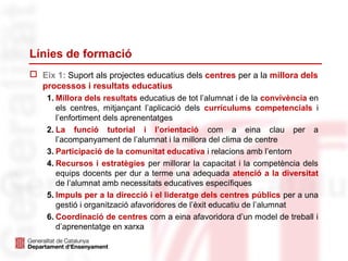 Línies de formació
 Eix 1: Suport als projectes educatius dels centres per a la millora dels
processos i resultats educatius
1. Millora dels resultats educatius de tot l’alumnat i de la convivència en
els centres, mitjançant l’aplicació dels currículums competencials i
l’enfortiment dels aprenentatges
2. La funció tutorial i l’orientació com a eina clau per a
l’acompanyament de l’alumnat i la millora del clima de centre
3. Participació de la comunitat educativa i relacions amb l’entorn
4. Recursos i estratègies per millorar la capacitat i la competència dels
equips docents per dur a terme una adequada atenció a la diversitat
de l’alumnat amb necessitats educatives específiques
5. Impuls per a la direcció i el lideratge dels centres públics per a una
gestió i organització afavoridores de l’èxit educatiu de l’alumnat
6. Coordinació de centres com a eina afavoridora d’un model de treball i
d’aprenentatge en xarxa
 