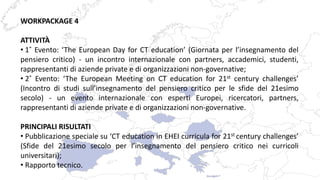 WORKPACKAGE 4
ATTIVITÀ
• 1˚ Evento: ‘The European Day for CT education’ (Giornata per l’insegnamento del
pensiero critico) - un incontro internazionale con partners, accademici, studenti,
rappresentanti di aziende private e di organizzazioni non-governative;
• 2˚ Evento: ‘The European Meeting on CT education for 21st century challenges’
(Incontro di studi sull’insegnamento del pensiero critico per le sfide del 21esimo
secolo) - un evento internazionale con esperti Europei, ricercatori, partners,
rappresentanti di aziende private e di organizzazioni non-governative.
PRINCIPALI RISULTATI
• Pubblicazione speciale su ‘CT education in EHEI curricula for 21st century challenges’
(Sfide del 21esimo secolo per l’insegnamento del pensiero critico nei curricoli
universitari);
• Rapporto tecnico.
 