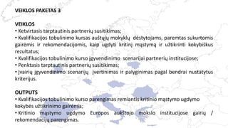 VEIKLOS PAKETAS 3
VEIKLOS
• Ketvirtasis tarptautinis partnerių susitikimas;
• Kvalifikacijos tobulinimo kursas auštųjų mokyklų dėstytojams, paremtas sukurtomis
gairėmis ir rekomendacijomis, kaip ugdyti kritinį mąstymą ir užtikrinti kokybiškus
rezultatus;
• Kvalifikacijos tobulinimo kurso įgyvendinimo scenarijai partnerių institucijose;
• Penktasis tarptautinis partnerių susitikimas;
• Įvairių įgyvendinimo scenarijų įvertinimas ir palyginimas pagal bendrai nustatytus
kriterijus.
OUTPUTS
• Kvalifikacijos tobulinimo kurso parengimas remiantis kritinio mąstymo ugdymo
kokybės užtikrinimo gairėmis;
• Kritinio mąstymo ugdymo Europos aukštojo mokslo institucijose gairių /
rekomendacijų parengimas.
 