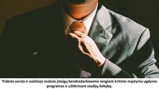 Trūksta verslo ir aukštojo mokslo įstaigų bendradarbiavimo rengiant kritinio mąstymo ugdymo
programas ir užtikrinant studijų kokybę.
 