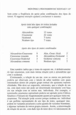 PRINCÍPIOS E PROCEDIMENTOS TEXTUAIS • 147
bem como a freqüência do apoio pelas combinações dos tipos de
textos. O seguinte exemplo ajudará a esclarecer o assunto:
Apoio total dos tipos de textos isolados
(em qualquer combinação)
Alexandrino 13 vezes
Cesareense 22 vezes
Ocidental 7 vezes
Nenhum tipo 7 vezes
Apoio dos tipos de
Alexandrino-Cesareense 9
Cesareense somente 8
Cesareense-Ocidental 3
Alexandrino somente 1
textos combinados
Alex.-Cesar.-Ocid. 2
Alexandrino-Ocidental 1
Ocidental somente 1
Nenhum tipo 7
Esse sumário indica que o texto do suposto ms. é definitivamente
do tipo cesareense, com mais íntima relação com o alexandrino que
com o ocidental.
Continuando, a relação de um ms. com os outros em particular
poderia ser observada com o intuito de saber também com quais
testemunhos dentro do próprio grupo textual ele apresenta maiores
afinidades. Não deve ser esquecido, entretanto, que a relação de um
ms. com dado texto não pode ser determinada meramente com base
em sua relação com os outros mss. individuais. Por exemplo, o
testemunho cesareense supracitado poderia ser apoiado pelos Códices
Sinaítico e Vaticano tão freqüentemente quanto por qualquer outro ms.
cesareense. Tal situação pode ocorrer porque nenhum ms. individual
é um perfeito representante de seu tipo de texto; quaisquer mss.
podem ter variantes peculiares a certa quantia de variantes bizantinas,
e algumas variantes de outros grupos textuais. Assim, a determinação
da relação de um ms. com dado tipo de texto deve vir inteiramente de
 