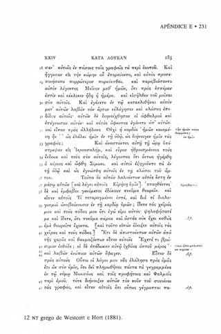 APÊNDICE E • 231
XXIV KATA AOYKAN 185
28 <Tevn c lv to lç è v T r á a a iç T a ís y p a r p a l i T a -rre p l é a v r o v . K a l
v jy y ic r a v c tç r r j v k ü j/a t jv o v Í tto p e v o v r o , K a l a v r o s rrp o c re -
29 TTOcqcraTO T r o p p ú r e p o v 7ro p e v e o m
0 aL. K a l T ra p ^ ß ta c ra v T O
avtÒ
v A eyovrcç M etvov fitO' yfjLoiv, õ rt 7rpos kairepav
Í c t t l v K a l k Ík X lk e v Tj^Y] Tj r jix íp a . K a l e la rjX O e v t o v /x e tv a i
30crvv a v ro tç. K a t k yívero iv r<3 KaraKXiOrjvai a vro v
fie r avr<2v X aßojv rò v a p ro v evXóyrjcrev Kat K a craç €7rc-
3
1BíSov avTois' avTOJV Sè SirjvoL^Orjcrav oi ò(f>QaX/JLol Kat
è7T€yvu)crav a v r o v Kat auroç a<^>avroç eyevero a7r aurouv.
3
2 K
at €t7
rav 7
rpoç dX
X
7]X
ov<
; Ov^'t ?; /capSta rrjfjL
Ó
jv K
ato/xe- H
q
?w
u»i'«tm
a-
Ä t e / e « v ^VfXfiévT] h
vrj rjv rn cJç cXaXet 77/xtv èv t $ o5a>, coç òirjvoiyev 77/Atv r a ç èv i?/*»'
33 ypa<jf>aç ; K a t am crravreç auTr} tt} topa {
>
7re-
crrpeij/av €tç ’Iepow aX ^p., Kat evpov ydpoia/xevovs tous
3
4cV
S
cK
a Kat toiiç <rw auTO
tç, Xéyovras on ovrwç y)y€p6rj
3
5 ó Kvpioç Kal o
)<
j)0
rj Sí/xouvt. Kat aúrot içrjyo vvro r à iv
rrj o
S
co Kat o
o
ç iyvw aO rj avrocç iv rrj kXo.(T€L tov ap-
36toi;. Tavra Sè avríov X aX ovvrw v a vrò ç earrj iv
37 /xécrcúavTojv [~
K
atXcyctavrotç Eipyjvr/vfuv^. vttto7]6£vtc<P ö
p
o
q
ö
e
V
re
?
38 Sè Kat efjicfroßoi ycvófj.€v0i íSokovv 7rvevfia ôewpeîv. Kal
ctrrev avro tç T t TCTapay/xeVot èorc, Kat Stà Tt StaXo-
39ytoyxot d v a ß a iv o v a tv iv rrj K
ap8ta vfJLwv ; tSeTC rà ç ^ctpáç
/xov K
at tovç 7T
o8aç /xov õ rt èytó el/xt a vró ç' i/r^Xa^rjcrari
p.e Kal t8 ct€, ort 7TV€VfJLa aápK a Kal ôcrréa ovk e^et KaOujç A p.
40cp.€ ^etopetre tyovra. [[Kat totjto €t7rcov ISetçev a v ro tç Taç
41 ^eîpaç Kat tot)ç 7ro8aç.]j vE rt Sè aTrtcrTovi/raív aurájv a 7rò
T1?ç XaP^s Ka^ ^avfta^oi/Ttov €t7T€i/ avrotç ’E ^ e ré Tt /3paj-
4
2V
llX
O
VèvO
áSe; O
t 8è e7re8ü)K
ai/ avrcS tY
0
U
O
Ç 0
7
T
T
0
Í) U
€pO
Ç
T‘ H
«
a
i.aV
ò^
e
A
«
r<
rc
‘ O
UKtfpiov f-
Kat XaßiDV ivwTTLov avTüJV ecfrayev. E t7rev Sè /í/.
7rpòç avrov? O v ro i ot Xoyot p.01; ouç èXáXrjaa rrpòs vp.âç
ert cüv OTJV v p lv , otl Set TrXrjpíúOrjvai Trávra r à yeypa/jL/xéva
iv rÇ vo/jap M anjffáaç Kat Totç 7rpo^>7;Tatç Kat 'l'aXp.otç
45 rrepl ifiov. to t€ Stiyi/otfev avTtüv to v voîv toi; (T W iivai
45Taç ypa</)àç, Kat ct7rev avTotç otl outoüç y iy p a u r a i ira- A p.
NT grego de Westcott e Hort (1881).
 