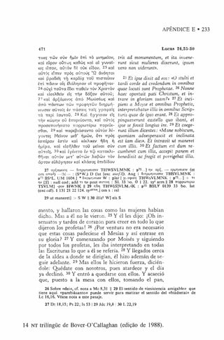 APÊNDICE E • 233
T
1V
E
Ç T
C
Õ
V C
T
Ù
V í]|itV êTti TÒ H
U
T1U
6ÎO
V
,
Kai eupov OÚTCOS Kaõcbç Kai a í yuvat-
K
ES eIttov, aCrròv 5è oúk eïSov. 25 Kai
aÚTÒs EÏitEV irpò; aÜToús ávór]TOi
Kai |3pa8stç tí) KapSia tou iriaTEÚEiv
6TTÍ TiãCTiu oíç EÀáXriCTau oi TrpoçrjTai-
26 oûx'i TaÛ T a éSei i r a 0 Elv t ò v X pio-ròv
K ai eícteàSeív eíç t t i v 8 ó £ a v aÙ TO Ù ;
27 Kai ccpÇápiEVOç àíTÒ McoOaÉaiç Kai
C
T
T
T
ÒTráVTCOV T
C
Õ
V 7TpO(pr]TCJV Sltip^r)-
veuctev aÚTois Èv Tráaais T al; y p a ç a ïs
x á iTEpi êauTOÜ. 28 K ai fiy y iaa v eís
Trjv kcí>ijit]V oõ ÈTropEÚovTO, Kai aÚTÒs
TrpOCTETTOllíaaTO TTO
ppC
O
TÉpC
O TTO
pEÚ
E-
oflai. 29 Kai trapEpiáaavTO aú rò v Âé-
yovTES Meívov me6’ tiíícõv, õti irpò;
Éairépav ècrriv Kai kékAikev r|6ri rj
fiiJiépcc. Kai EÍ(jfíÀ0£v tou HEtvat aúv
aÚTois. 30 K a i ÈylvETO Êv Tcp KaraKÀi-
Srjvat a ú rò v u e t’ oútcõv Àapcbv tò v
ãpTov EÜAóyr|aEV Kai KÀácras ítte5í5ou
471 Lucas 24,25-30
íris ad monumentum, et ita invene-
runt sicut mulieres dixerunt, ipsum
vero non viderunt».
25 E t ipse dixit ad eos: «O stulti et
tardi corde ad credendum in omnibus
quae locuti sunt Prophetae. 26 Nonne
haec oportuit pati Christum, et in-
trare in gloriam suam?» 27 Et inci-
piens a Moyse et omnibus Prophetis,
interpretabatur illis in omnibus Scrip-
turis quae de ipso erant. 28 E t appro-
pinquaverunt castello quo ibant, et
ipse se finxit longius ire. 29 E t coege-
runt ilium dicentes : «Mane nobiscum,
quoniam advesperascit et inclinata
est iam dies». E t intravit ut maneret
cum illis. 30 E t factum est dum re-
cumberet cum illis, accepit panem et
benedixit ac jrégit et porrigebat illis.
27 ccpÇauevos — Sitiputiveuctev THWSVLMNK : p75...] rçv apÇ. — epuriveueiu (et
om cn ro 2 ) —|h|—• : (S*W.) D (lat [exc aurfl]). Aug I SiripprivEuaEv THSVLMNK :
p75 BSC
L. TJM 1604.] * Siepyiivsuev W : pler ] y:; ccçms THWsVLMNK : p75...] 4- ti
t)v [S] : null cod; add ti tiv post ccutoiç : SL 33 bo. 0 1 22. sy1 arm |! 28 Tropporrepco
TSVLM] -pov HWNK II 29 nSi) THW[S]VLMNK : p75 BSLY 0139 33 bo. lat
(exc cdl). 1 131 21 22 124. sy'>lhm.j om s : rel
29 ut maneret] > S W II30 illis1 W] eis S
mento, y hallaron las cosas como las mujeres habían
dicho. Mas a él no le vieron. 25 Y él les díjo: '|Oh in­
sensatos y tardos de corazón para creer en todo lo que
dijeron los profetas! 26 ^Por ventura no era necesario
que estas cosas padeciese el Mesías y así entrase en
su gloria? 27 Y comenzando por Moisés y siguiendo
por todos los profetas, les iba interpretando en todas
las Escrituras lo que a él se referia. 28 Y llegados cerca
de la aldea a donde se dirigían, él hizo ademán de se­
guir adelante. 29 Mas ellos le hicieron fuerza, dicién-
dole: Quédate con nosotros, pues atardece y el dia
ya declino. 30 Y entró a quedarse con ellos. Y acaeció
que, puesto a la mesa con ellos, tomando el pan,
26 Sobre «dei», cf. nota a Mc 8,31 || 29 El sentido de «insistência amigable» que
tiene aqui «parebiásanto» puede servir para matizar el sentido dei «biádsetai» de
Lc 16,16. Véase nota a este pasaje.
27 Dt 18,15; Ps 22; Is 53 | 29 Jdc 19,8 | 30 L 22,19
14 NT trilíngüe de Bover-O’Callaghan (edição de 1988).
 