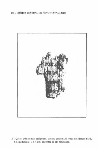 236 • CRÍTICA TEXTUAL DO NOVO TESTAMENTO
17 7Q5 (c. 50): o mais antigo ms. do NT; contém 20 letras de Marcos 6.52,
53, medindo c. 3 x 4 cm; encontra-se em Jerusalém.
 