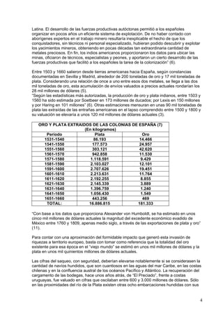 Latina. El desarrollo de las fuerzas productivas autóctonas permitió a los españoles
organizar en pocos años un eficiente sistema de explotación. De no haber contado con
aborígenes expertos en el trabajo minero resultaría inexplicable el hecho de que los
conquistadores, sin técnicos ni personal especializado, hubieran podido descubrir y explotar
los yacimientos mineros, obteniendo en pocas décadas tan extraordinaria cantidad de
metales preciosos. En fin, los indios americanos proporcionaron los datos para ubicar las
minas, oficiaron de técnicos, especialistas y peones, y aportaron un cierto desarrollo de las
fuerzas productivas que facilitó a los españoles la tarea de la colonización” (6).

Entre 1503 y 1660 salieron desde tierras americanas hacia España, según constancias
documentadas en Sevilla y Madrid, alrededor de 200 toneladas de oro y 17 mil toneladas de
plata. Considerando una relación de once a uno entre esos dos metales, se llega a las dos
mil toneladas de oro, esta acumulación de envíos valuados a precios actuales rondarían los
28 mil millones de dólares (5).
“Según las estadísticas más autorizadas, la producción de oro y plata indianos, entre 1503 y
1560 ha sido estimada por Soetbeer en 173 millones de ducados; por Lexis en 150 millones
y por Haring en 101 millones” (6). Otras estimaciones mensuran en unas 90 mil toneladas de
plata las extraídas de las entrañas americanas en el lapso comprendido entre 1500 y 1800 y
su valuación se elevaría a unos 120 mil millones de dólares actuales (3).

   ORO Y PLATA EXTRAIDOS DE LAS COLONIAS DE ESPAÑA (7)
                      (En kilogramos)
      Período               Plata             Oro
     1531-1540             86.193           14.466
     1541-1550            177.573           24.957
     1551-1560            303.121           42.620
     1561-1570            942.858           11.530
     1571-1580           1.118.591           9.429
     1581-1590           2.103.027          12.101
     1591-1600           2.707.626          19.451
     1601-1610           2.213.631          11.764
     1611-1620           2.192.255           8.855
     1621-1630           2.145.339           3.889
     1631-1640           1.396.759           1.240
     1641-1650           1.056.430           1.549
     1651-1660            443.256             469
      TOTAL:            16.886.815         181.333

“Con base a los datos que proporciona Alexander von Humboldt, se ha estimado en unos
cinco mil millones de dólares actuales la magnitud del excedente económico evadido de
México entre 1760 y 1809, apenas medio siglo, a través de las exportaciones de plata y oro”
(11).

Para contar con una aproximación del formidable impacto que generó esta invasión de
riquezas a territorio europeo, basta con tomar como referencia que la totalidad del oro
existente para esa época en el “viejo mundo” se estimó en unos mil millones de dólares y la
plata en unos mil quinientos millones de dólares actuales.

Las cifras del saqueo, con seguridad, deberían elevarse notablemente si se considerasen la
cantidad de navíos hundidos, que son cuantiosos en las aguas del mar Caribe, en las costas
chilenas y en la confluencia austral de los océanos Pacífico y Atlántico. La recuperación del
cargamento de las bodegas, hace unos años atrás, de “El Preciado”, frente a costas
uruguayas, fue valuado en cifras que oscilaban entre 600 y 3.000 millones de dólares. Sólo
en las proximidades del río de la Plata existen otras ocho embarcaciones hundidas con sus


                                                                                                4
 