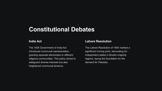 Constitutional Debates
India Act
The 1935 Government of India Act
introduced communal representation,
granting separate electorates to different
religious communities. This policy aimed to
safeguard diverse interests but also
heightened communal tensions.
Lahore Resolution
The Lahore Resolution of 1940 marked a
significant turning point, advocating for
independent states in Muslim-majority
regions, laying the foundation for the
demand for Pakistan.
 