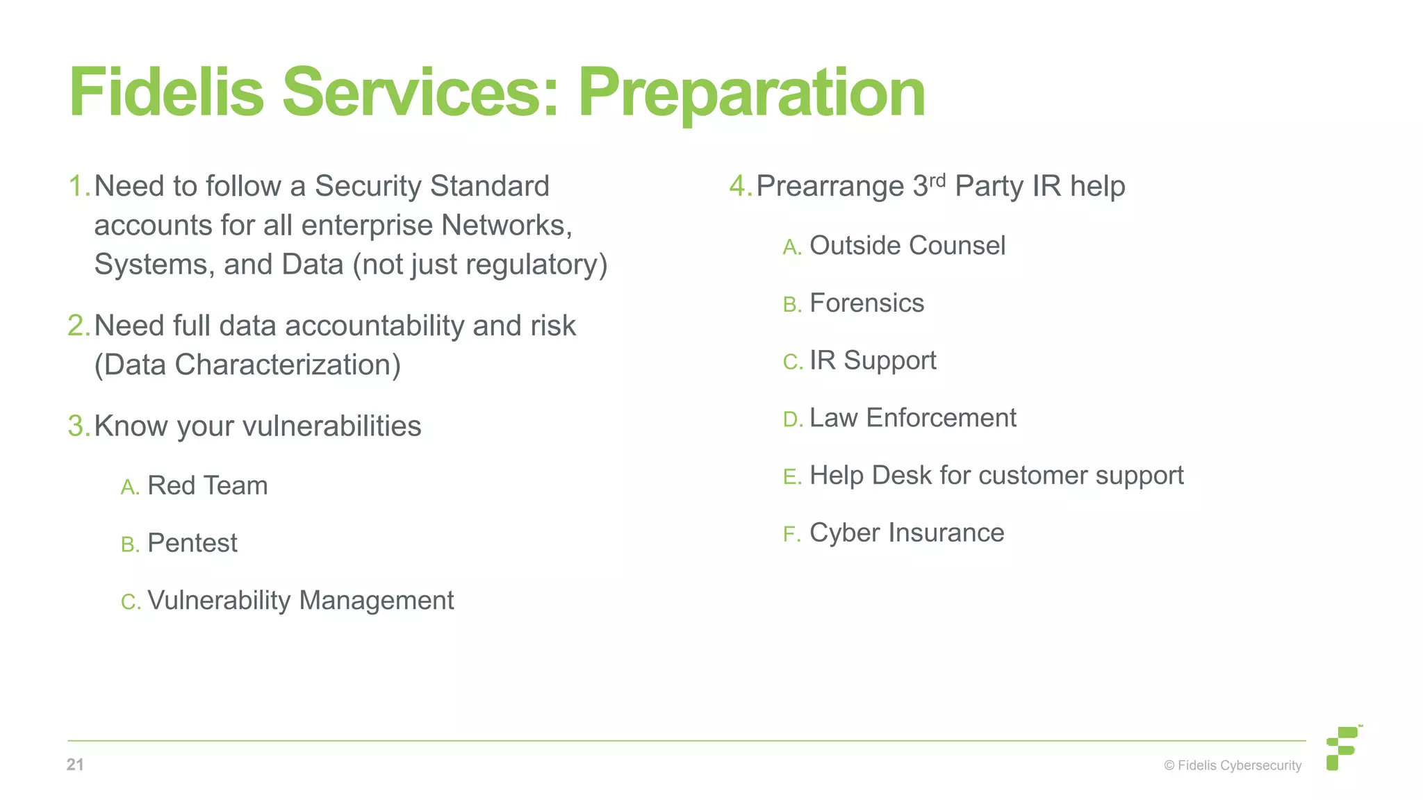 © Fidelis Cybersecurity
Fidelis Services: Preparation
1.Need to follow a Security Standard
accounts for all enterprise Networks,
Systems, and Data (not just regulatory)
2.Need full data accountability and risk
(Data Characterization)
3.Know your vulnerabilities
A. Red Team
B. Pentest
C. Vulnerability Management
4.Prearrange 3rd Party IR help
A. Outside Counsel
B. Forensics
C. IR Support
D. Law Enforcement
E. Help Desk for customer support
F. Cyber Insurance
21
 