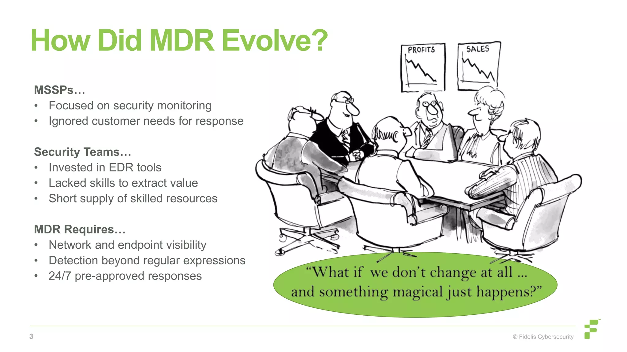 © Fidelis Cybersecurity
How Did MDR Evolve?
MSSPs…
• Focused on security monitoring
• Ignored customer needs for response
Security Teams…
• Invested in EDR tools
• Lacked skills to extract value
• Short supply of skilled resources
MDR Requires…
• Network and endpoint visibility
• Detection beyond regular expressions
• 24/7 pre-approved responses
3
 