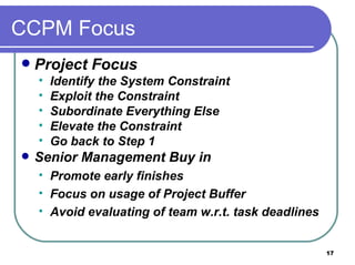 Project Focus Identify the System Constraint Exploit the Constraint Subordinate Everything Else Elevate the Constraint Go back to Step 1 Senior Management Buy in Promote early finishes Focus on usage of Project Buffer Avoid evaluating of team w.r.t. task deadlines CCPM Focus 