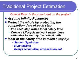 Traditional Project Estimation Assume Infinite Resources Protect the whole by protecting the completion date of each step Pad each step with a lot of safety time Create a Lifecycle network using these estimates to identify the critical path Most of the safety time is taken away by: Student Syndrome Multi-tasking Delays accumulate, advances do not Critical Path  is the constraint on the project 