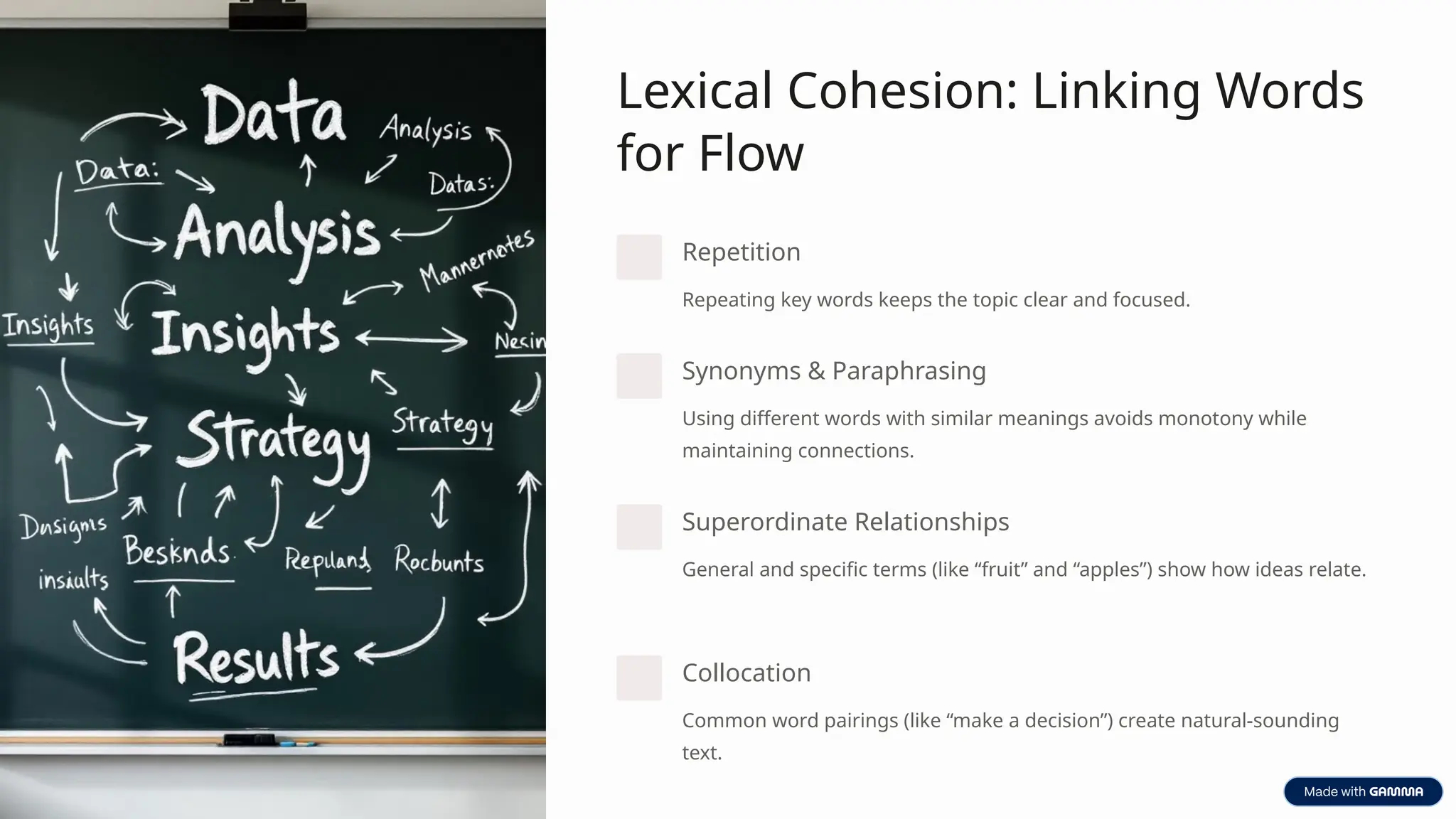 Lexical Cohesion: Linking Words
for Flow
Repetition
Repeating key words keeps the topic clear and focused.
Synonyms & Paraphrasing
Using different words with similar meanings avoids monotony while
maintaining connections.
Superordinate Relationships
General and specific terms (like “fruit” and “apples”) show how ideas relate.
Collocation
Common word pairings (like “make a decision”) create natural-sounding
text.
 