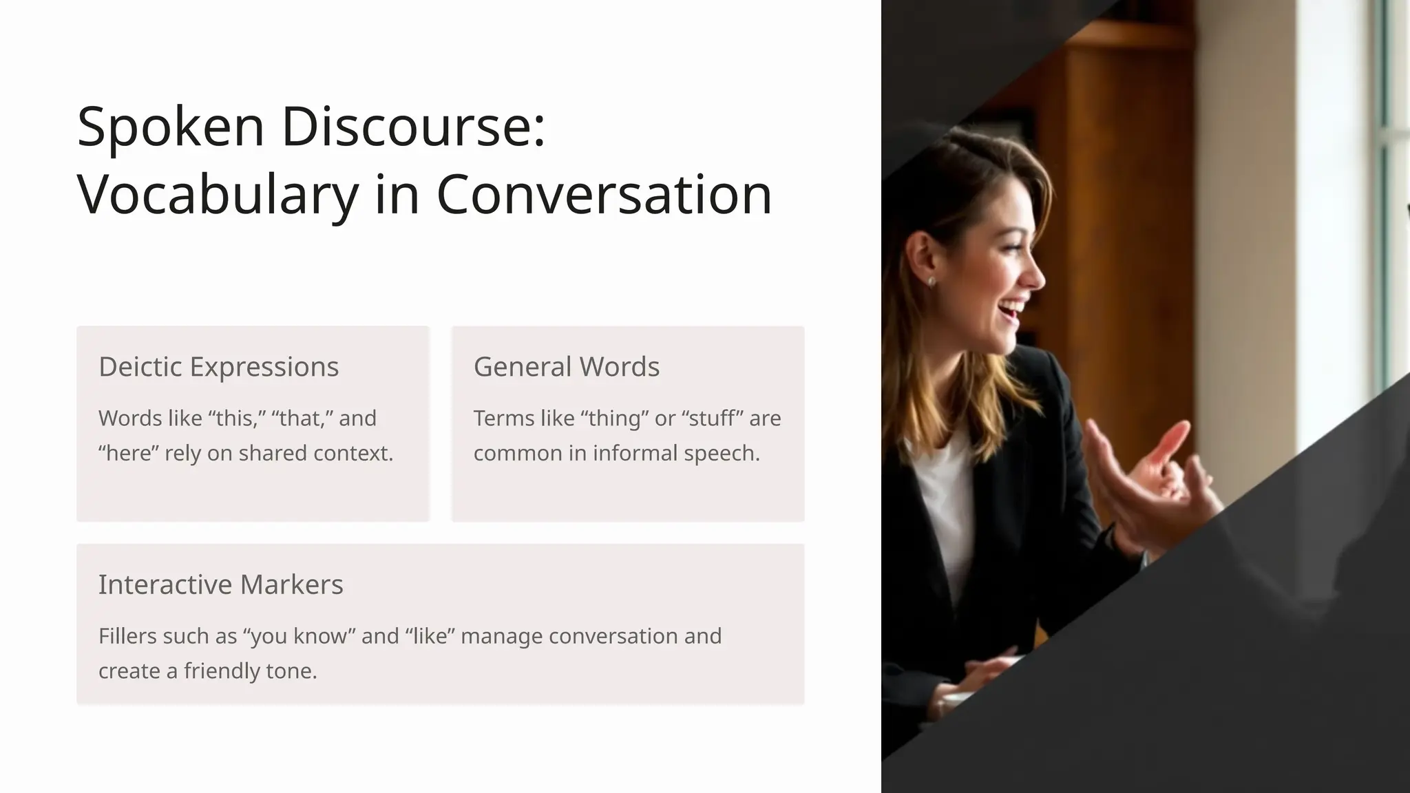 Spoken Discourse:
Vocabulary in Conversation
Deictic Expressions
Words like “this,” “that,” and
“here” rely on shared context.
General Words
Terms like “thing” or “stuff” are
common in informal speech.
Interactive Markers
Fillers such as “you know” and “like” manage conversation and
create a friendly tone.
 