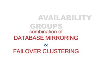 combination of
DATABASE MIRRORING
&
FAILOVER CLUSTERING
ALWAYSON AVAILABILITY
GROUPS
 