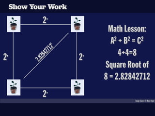 Show Your Work
               2’
                              Math Lesson:
                               A 2 + B2 = C2
                   2’
                                   4+4=8
                271
2’                      2’
             284
          2.8



                             Square Root of
                             8 = 2.82842712
               2’                      Image Source © Russ Unger
 