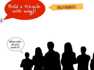 Build a tricycle   (SILLY REQUEST)
     with wings!


*
    B
    What color
     do you
     want it?
 