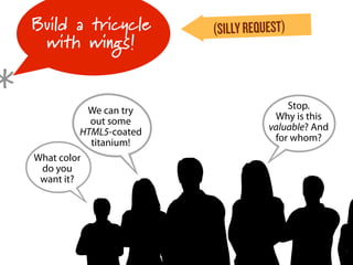 Build a tricycle         (SILLY REQUEST)
     with wings!


*
    B                                b
               We can try                   Stop.
                out some                 Why is this
              HTML5-coated              valuable? And
                titanium!                for whom?




    B
    What color
     do you
     want it?
 