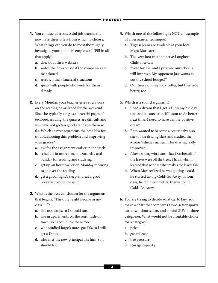 california critical thinking skills test questions