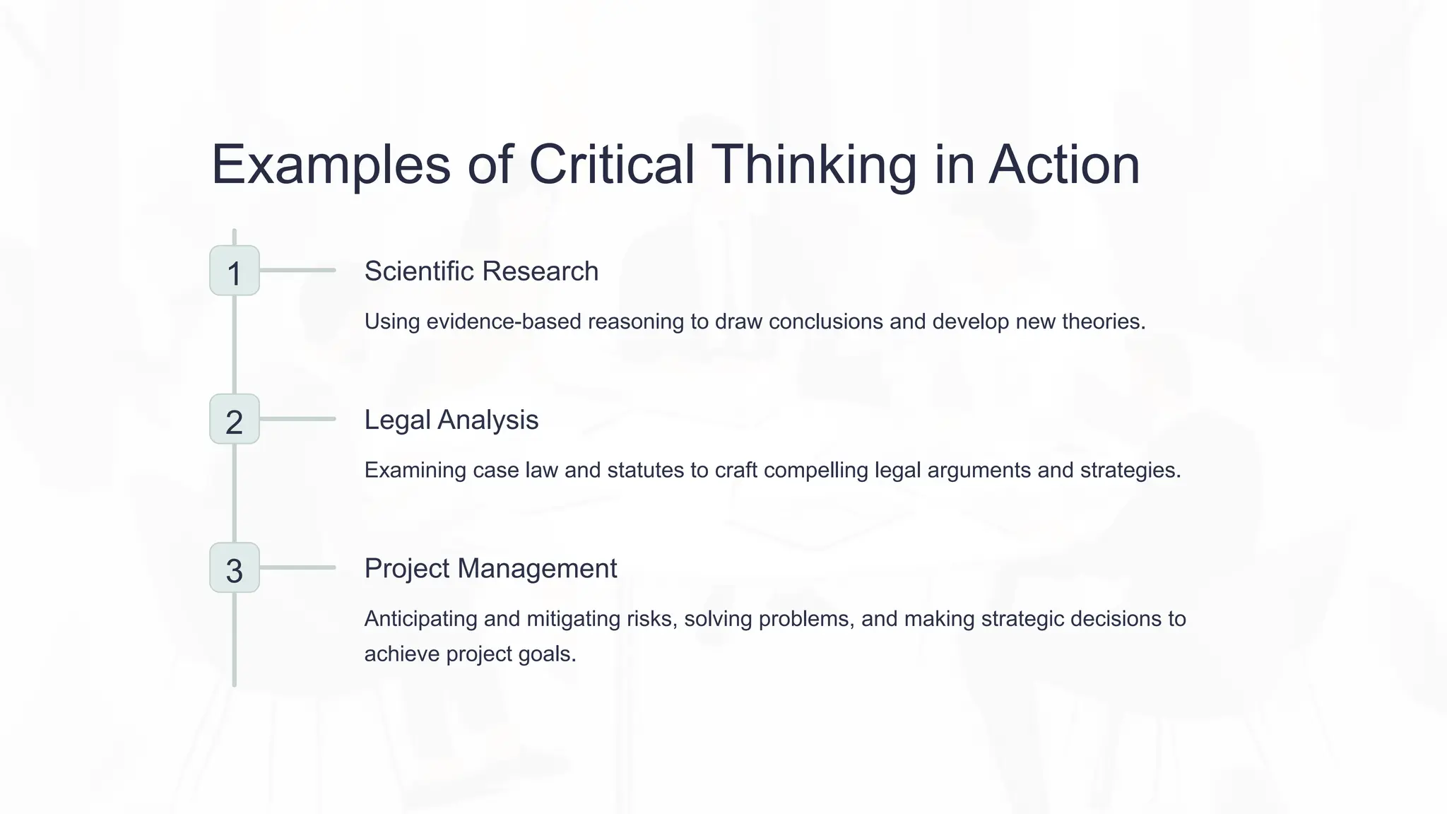 Examples of Critical Thinking in Action
1 Scientific Research
Using evidence-based reasoning to draw conclusions and develop new theories.
2 Legal Analysis
Examining case law and statutes to craft compelling legal arguments and strategies.
3 Project Management
Anticipating and mitigating risks, solving problems, and making strategic decisions to
achieve project goals.
 