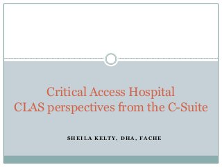 Critical Access Hospital
CLAS perspectives from the C-Suite
SHEILA KELTY, DHA, FACHE

 