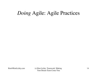 Doing Agile: Agile Practices
(c) Ron Lichty: Teamwork: Making
Your Dream Team Come True
14Ron@RonLichty.com
 