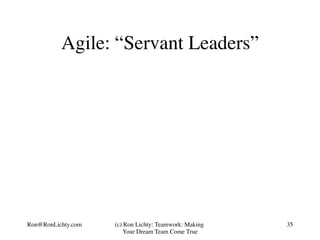 Agile: “Servant Leaders”
(c) Ron Lichty: Teamwork: Making
Your Dream Team Come True
35Ron@RonLichty.com
 