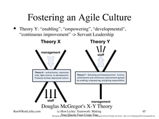 Fostering an Agile Culture
•  Theory Y: “enabling”, “empowering”, “developmental",
“continuous improvement” -> Servant Lea...