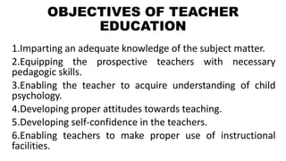 OBJECTIVES OF TEACHER
EDUCATION
1.Imparting an adequate knowledge of the subject matter.
2.Equipping the prospective teachers with necessary
pedagogic skills.
3.Enabling the teacher to acquire understanding of child
psychology.
4.Developing proper attitudes towards teaching.
5.Developing self-confidence in the teachers.
6.Enabling teachers to make proper use of instructional
facilities.
 