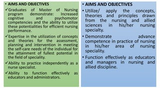 • AIMS AND OBJECTIVES
Graduates of Master of Nursing
program demonstrate: Increased
cognitive and psychomotor
competencies and the ability to utilize
these potentialities for efficient nursing
performance.
Expertise in the utilization of concepts
and theories for the assessment,
planning and intervention in meeting
the self-care needs of the individual for
the attainment of fullest potential in
the field of speciality.
Ability to practice independently as a
nurse specialist.
Ability to function effectively as
educators and administrators.
• AIMS AND OBJECTIVES
• Utilize/ apply the concepts,
theories and principles drawn
from the nursing and allied
sciences in his/her nursing
specialty.
• Demonstrate advance
competence in practice of nursing
in his/her area of nursing
speciality.
• Function effectively as educators
and managers in nursing and
allied discipline.
 