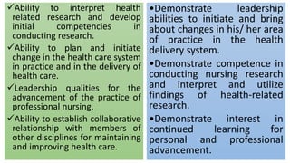 Ability to interpret health
related research and develop
initial competencies in
conducting research.
Ability to plan and initiate
change in the health care system
in practice and in the delivery of
health care.
Leadership qualities for the
advancement of the practice of
professional nursing.
Ability to establish collaborative
relationship with members of
other disciplines for maintaining
and improving health care.
•Demonstrate leadership
abilities to initiate and bring
about changes in his/ her area
of practice in the health
delivery system.
•Demonstrate competence in
conducting nursing research
and interpret and utilize
findings of health-related
research.
•Demonstrate interest in
continued learning for
personal and professional
advancement.
 
