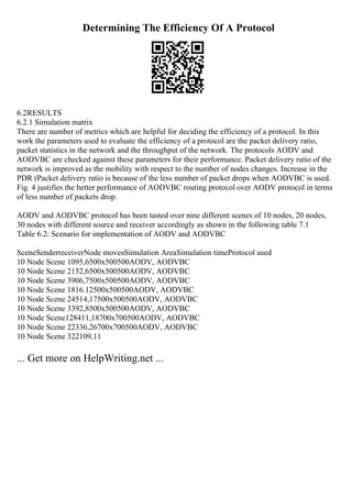 Determining The Efficiency Of A Protocol
6.2RESULTS
6.2.1 Simulation matrix
There are number of metrics which are helpful for deciding the efficiency of a protocol. In this
work the parameters used to evaluate the efficiency of a protocol are the packet delivery ratio,
packet statistics in the network and the throughput of the network. The protocols AODV and
AODVBC are checked against these parameters for their performance. Packet delivery ratio of the
network is improved as the mobility with respect to the number of nodes changes. Increase in the
PDR (Packet delivery ratio is because of the less number of packet drops when AODVBC is used.
Fig. 4 justifies the better performance of AODVBC routing protocol over AODV protocol in terms
of less number of packets drop.
AODV and AODVBC protocol has been tasted over nine different scenes of 10 nodes, 20 nodes,
30 nodes with different source and receiver accordingly as shown in the following table 7.1
Table 6.2: Scenario for implementation of AODV and AODVBC
SceneSenderreceiverNode movesSimulation AreaSimulation timeProtocol used
10 Node Scene 1095,6500x500500AODV, AODVBC
10 Node Scene 2152,6500x500500AODV, AODVBC
10 Node Scene 3906,7500x500500AODV, AODVBC
10 Node Scene 1816.12500x500500AODV, AODVBC
10 Node Scene 24514,17500x500500AODV, AODVBC
10 Node Scene 3392,8500x500500AODV, AODVBC
10 Node Scene128411,18700x700500AODV, AODVBC
10 Node Scene 22336,26700x700500AODV, AODVBC
10 Node Scene 322109,11
... Get more on HelpWriting.net ...
 