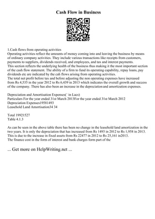Cash Flow in Business
1.Cash flows from operating activities
Operating activities reflect the amounts of money coming into and leaving the business by means
of ordinary company activities. They include various transactions like receipts from customers,
payments to suppliers, dividends received, and employees, and tax and interest payments.
This section reflects the underlying health of the business thus making it the most important section
of the cash flow statement. The ability of a firm to fund its operating capability, repay loans, pay
dividends etc are indicated by the cah flows arising from operating activities.
The total net profit before tax and before adjusting the non operating expenses have increased
from Rs 4,535 in the year 2012 to Rs 6,439 in 2013 which indicates the overall growth and success
of the company. There has also been an increase in the depreciationand amortization expenses.
Depreciation and Amortisation Expenses(` in Lacs)
Particulars For the year ended 31st March 2013For the year ended 31st March 2012
Depreciation Expenses19581493
Leasehold Land Amortisation34 34
Total 19921527
Table 4.1.3
As can be seen in the above table there has been no change in the leasehold land amortization in the
two years. It is only the depreciation that has increased from Rs 1493 in 2012 to Rs 1,958 in 2013.
This is due to the increase in fixed assets from Rs 22477 in 2012 to Rs 25,161 in2013.
The finance cost in the form of interest and bank charges form part of the
... Get more on HelpWriting.net ...
 
