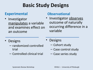 Basic Study Designs
Experimental             Observational
• Investigator          • Investigator observes
  manipulates a variable outcome of naturally
  and examines effect on occurring difference in a
  an outcome              variable

• Designs                        • Designs
  – randomized controlled          – Cohort study
    trial                          – Case control study
  – Controlled clinical trial      – Case series study


    Systematic Review Workshop       ©HSLS – University of Pittsburgh
 