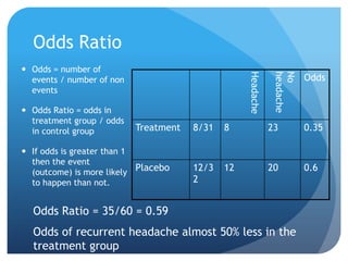 Odds Ratio
 Odds = number of




                                                   Headache

                                                               headache
                                                               No
  events / number of non                                                  Odds
  events

 Odds Ratio = odds in
  treatment group / odds
  in control group         Treatment   8/31   8               23          0.35

 If odds is greater than 1
  then the event
  (outcome) is more likely Placebo     12/3   12              20          0.6
  to happen than not.                  2


  Odds Ratio = 35/60 = 0.59
  Odds of recurrent headache almost 50% less in the
  treatment group
 