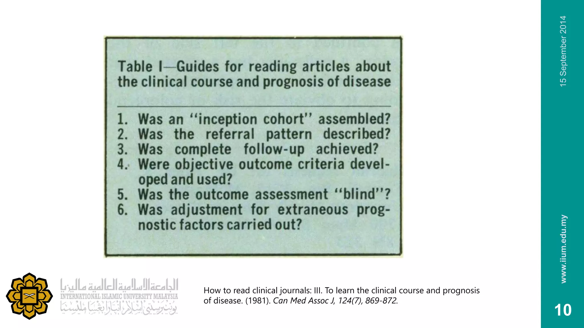 www.iium.edu.my 15 September 2014 
10 
How to read clinical journals: III. To learn the clinical course and prognosis 
of disease. (1981). Can Med Assoc J, 124(7), 869-872. 
 