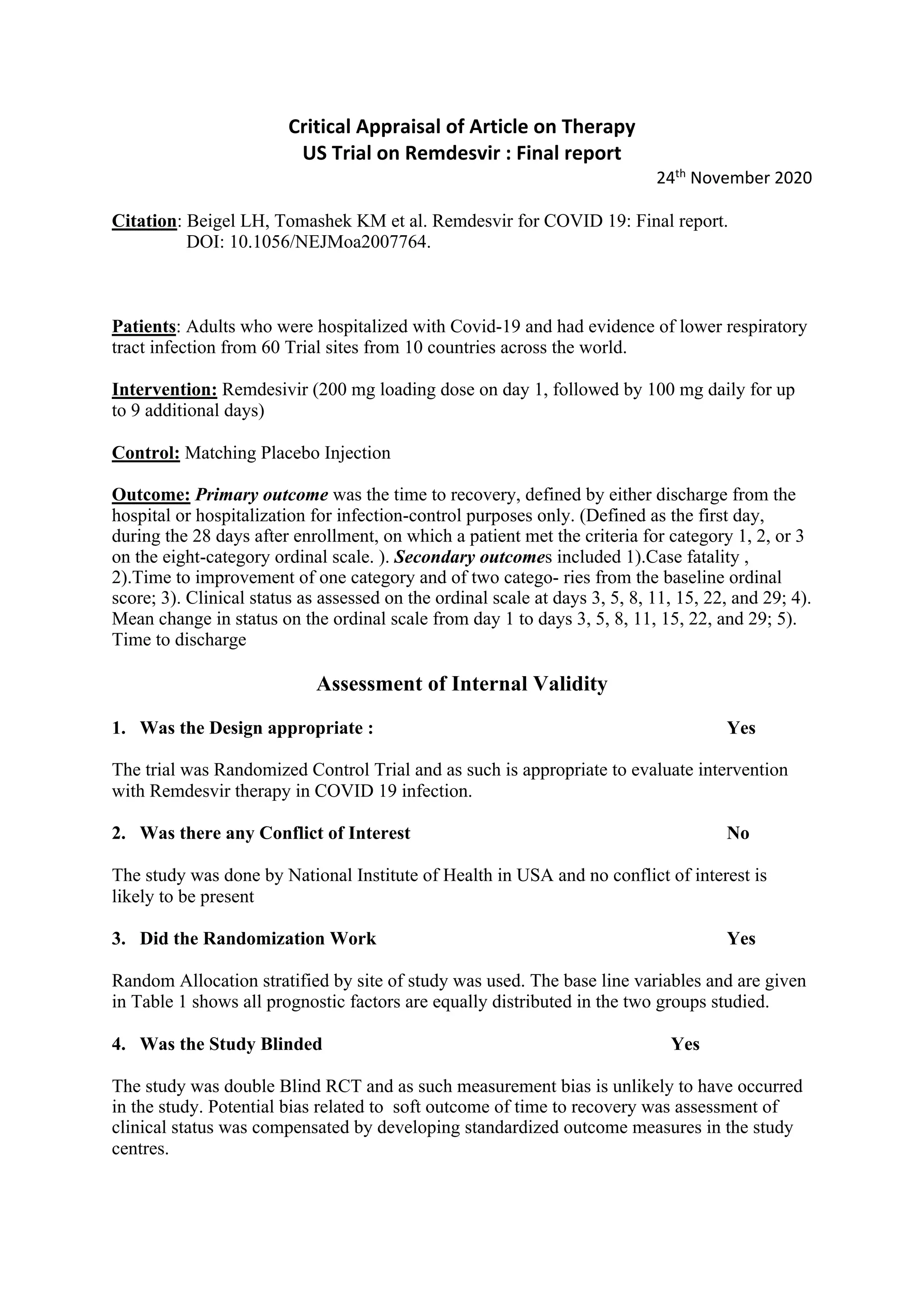 Critical appraisal of article on therapy | PDF
